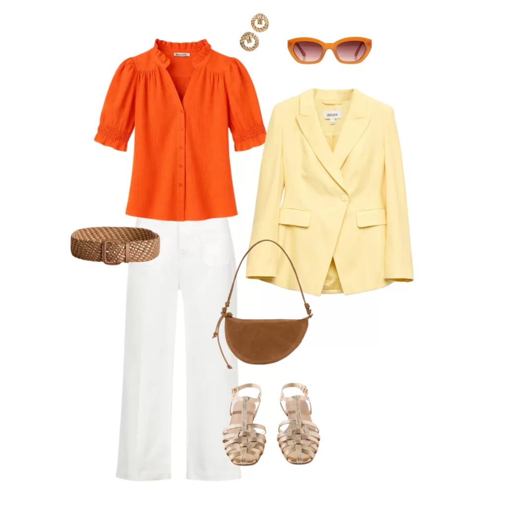 Flat lay of a women's smart casual outfit with an orange blouse, white wide-leg trousers, pale yellow blazer, gold sandals, brown shoulder bag, woven belt, orange sunglasses and gold earrings.