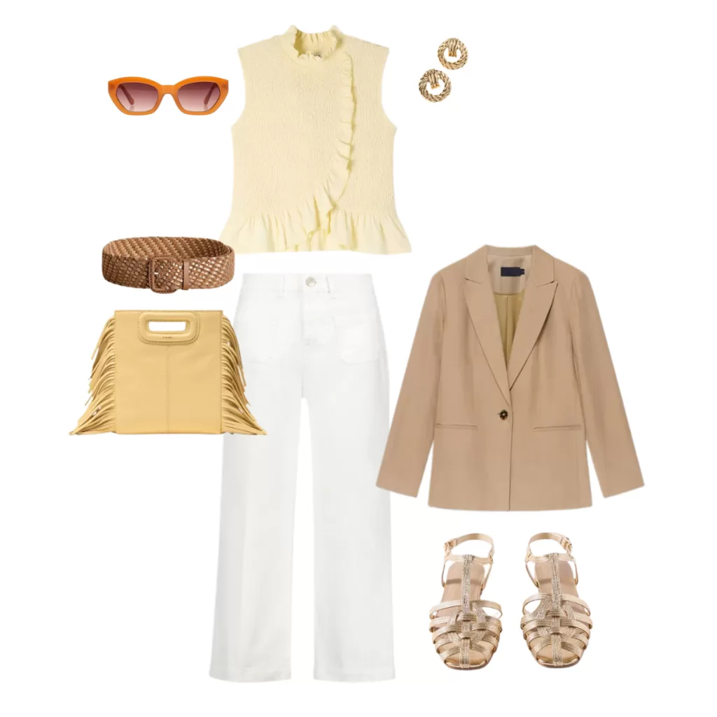 Flat lay of a women's summer outfit featuring a pale yellow ruffle knit top, white wide-leg trousers, beige blazer, gold sandals, fringed yellow bag, woven belt, orange sunglasses and gold earrings.